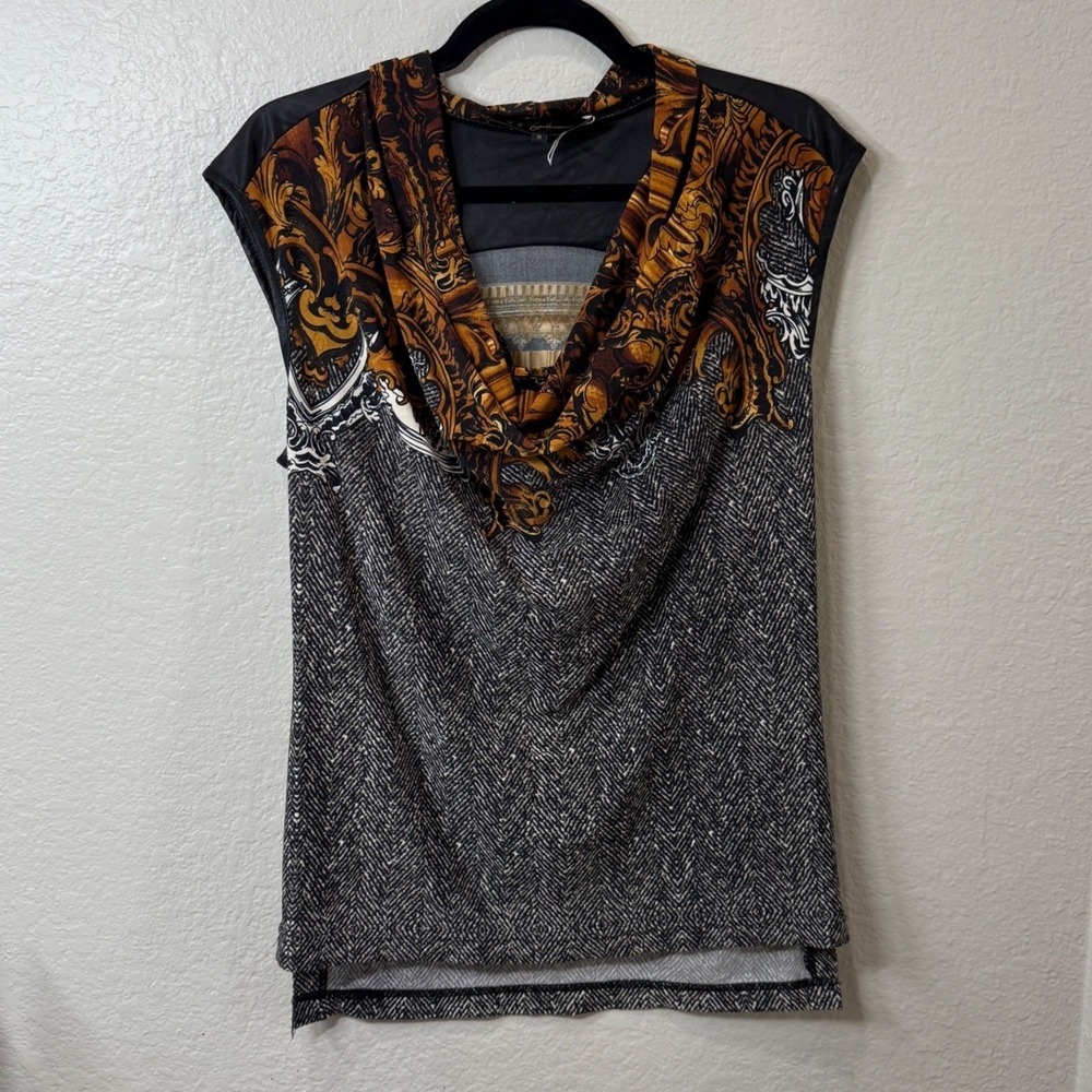 Jeff Gallano Cleo Cowl Neck Knit Top Sz 2 (S/M) Abstract Baroque France Made